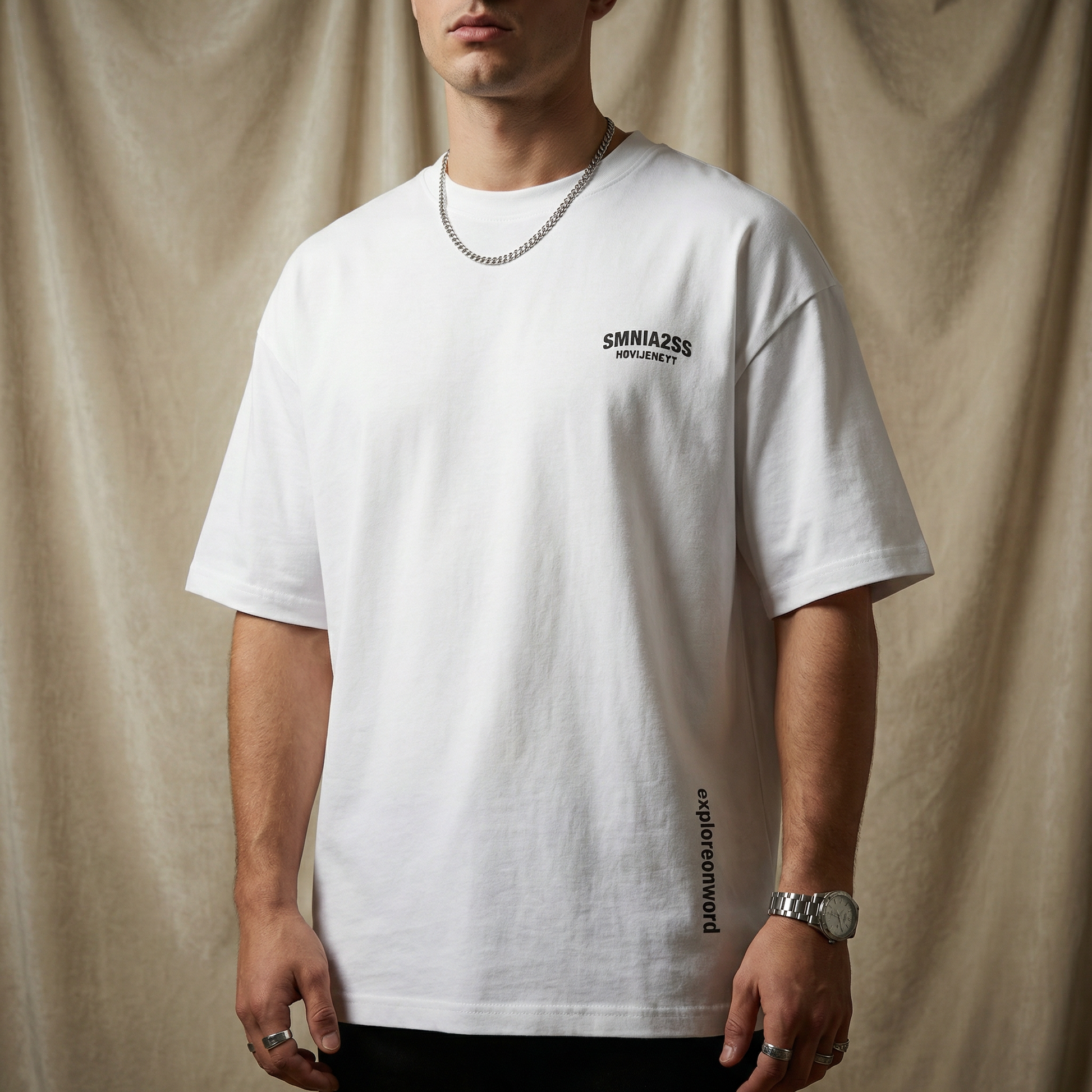 Man wearing WEARON Explore Onward Tee in White, full body, deep green velvet backdrop.
