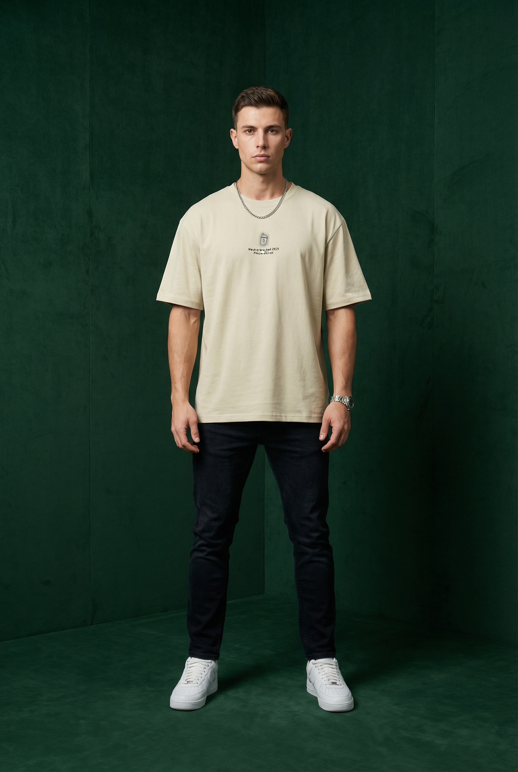 Man wearing WEARON Coffee Cup Tee in Beige, full body, deep green velvet backdrop.