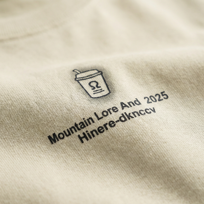 Macro detail of illustrated coffee cup motif on Beige cotton tee.