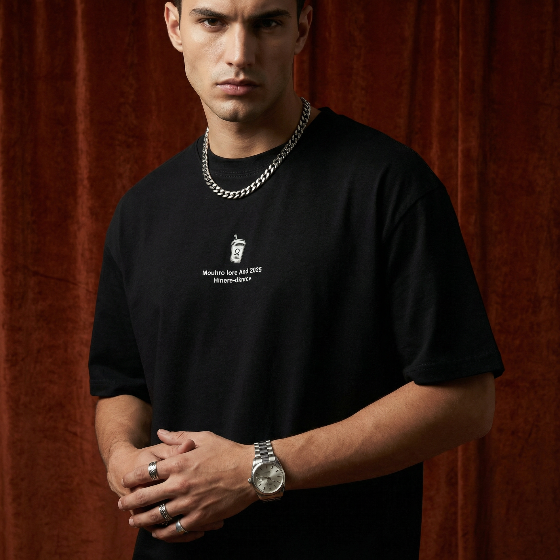 Close-up of WEARON Coffee Cup Tee in Black with chest coffee cup motif, rust velvet backdrop.
