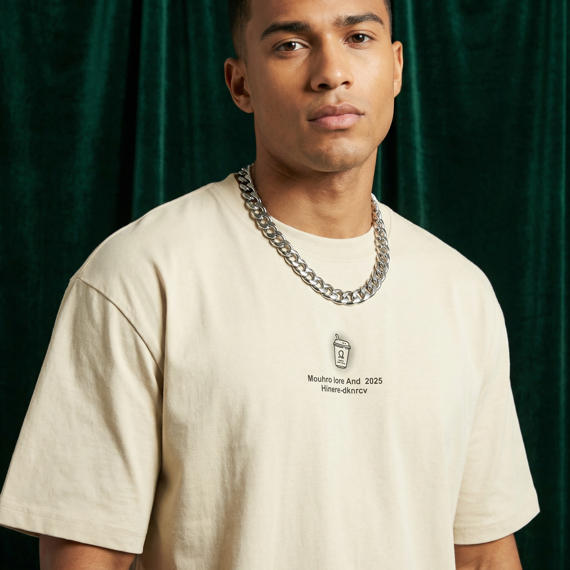 Close-up of WEARON Coffee Cup Tee in White showing illustrated coffee cup chest motif, navy backdrop.