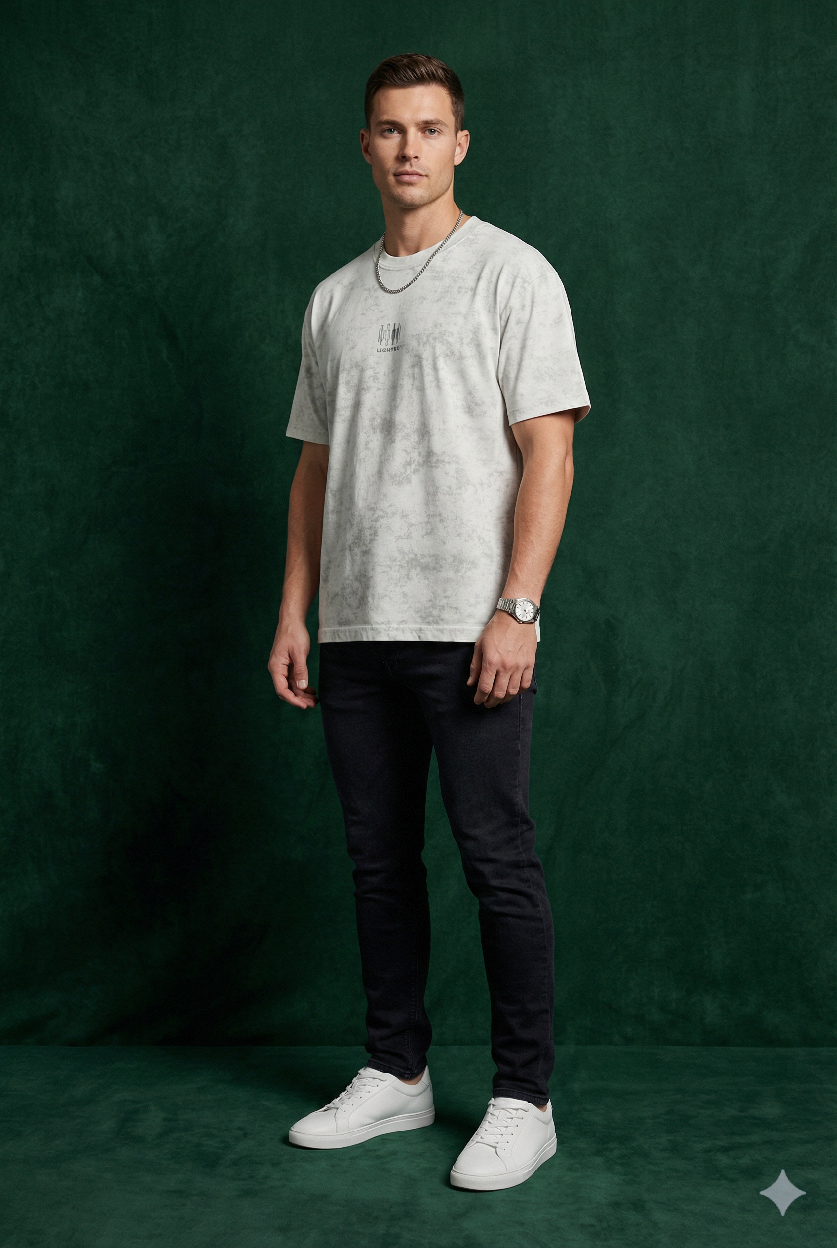 Man wearing WEARON Mineral-Wash Tee in Gray, full body, deep green velvet backdrop.