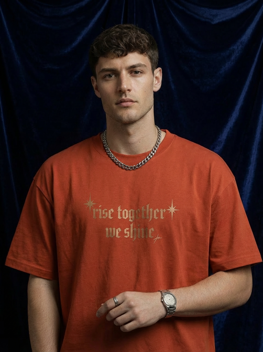Man wearing WEARON Rise Together Tee in Black with metallic copper foil 'rise together we shine' print, rust velvet backdrop, full body.