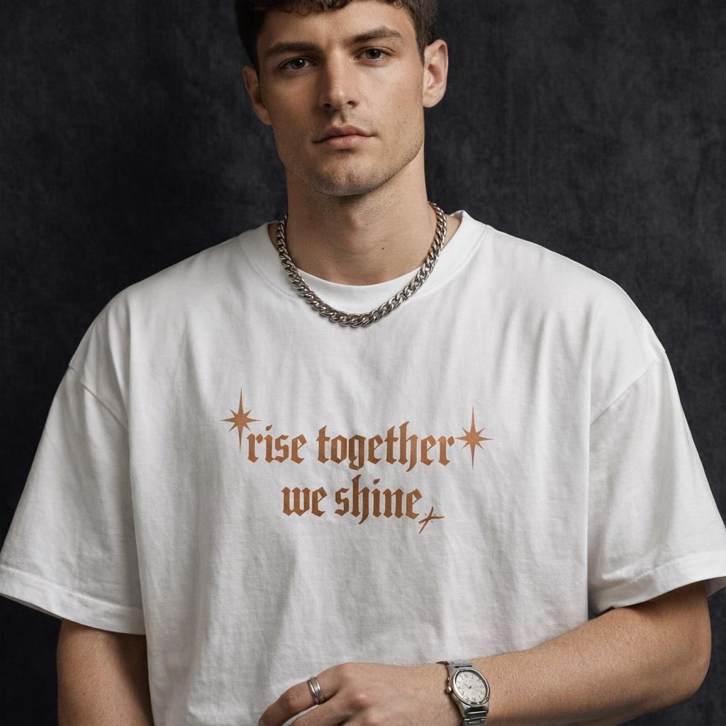Close-up of WEARON Rise Together Tee in White with metallic foil 'rise together we shine' print, dark backdrop.
