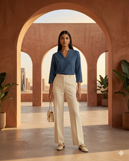 Woman wearing WEARON Embroidered Henley Blouse in Navy with cream wide-leg trousers, archway setting.