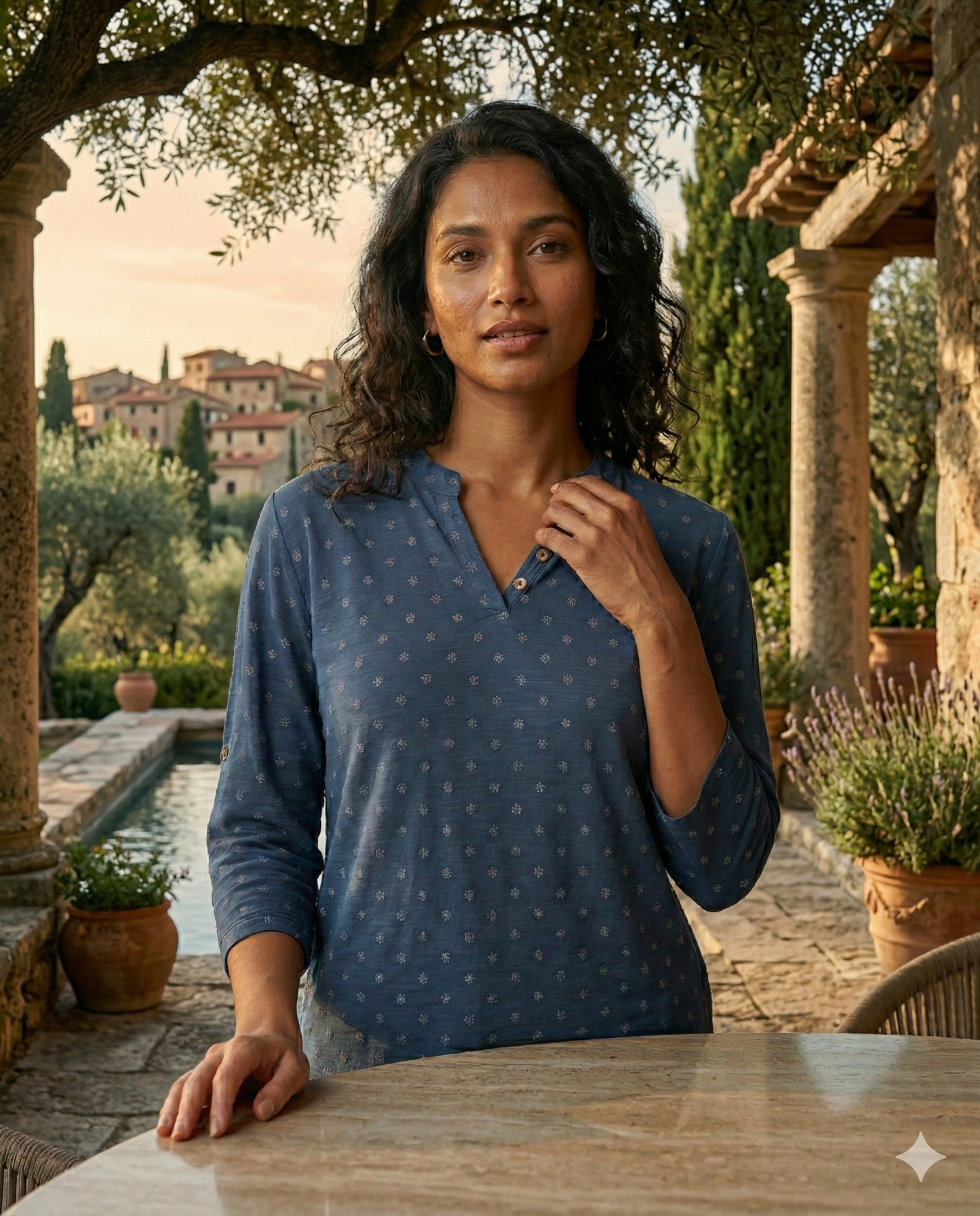 Close-up of WEARON Embroidered Henley Blouse in Navy showing wooden buttons, mandarin collar, and 3/4 sleeve.
