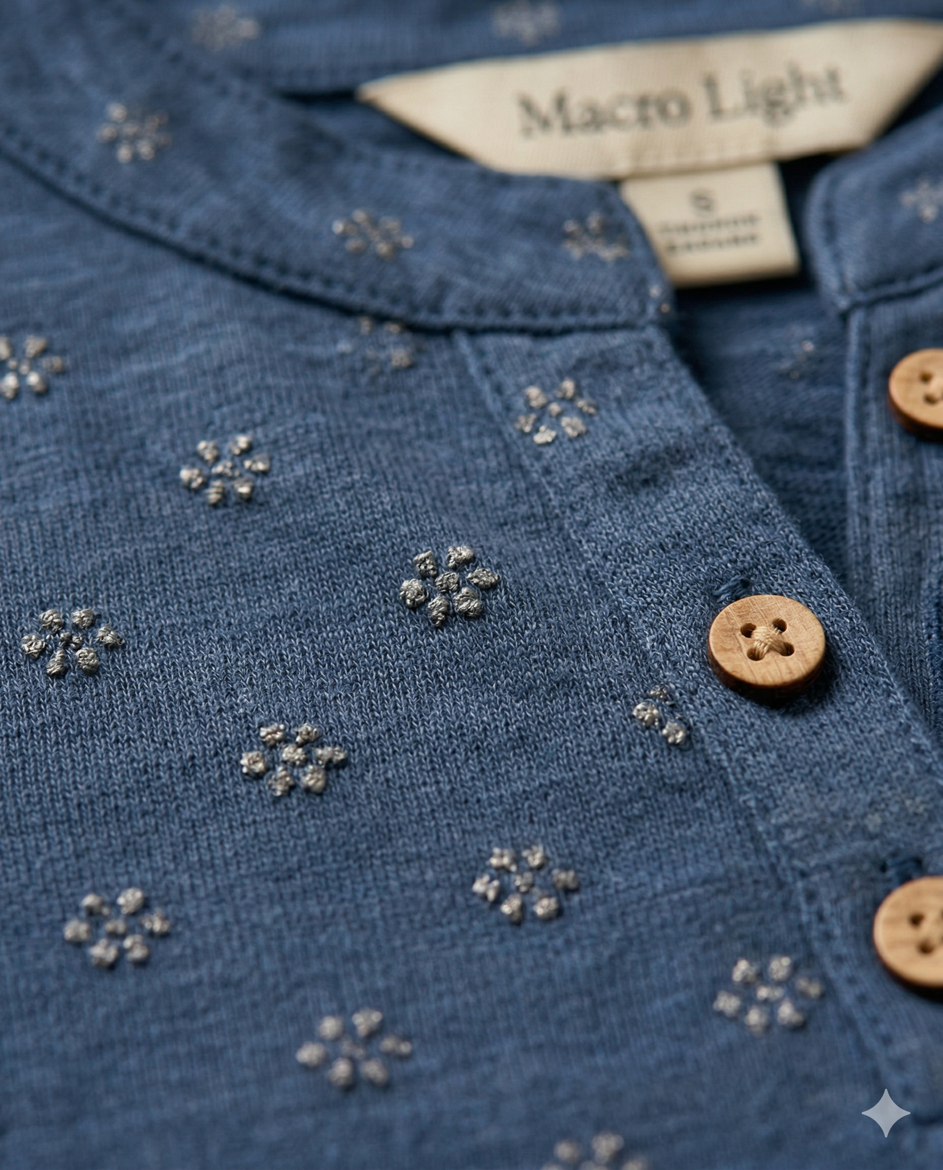 Macro detail of tonal floral embroidery on Navy henley blouse, slubby cotton-linen texture.