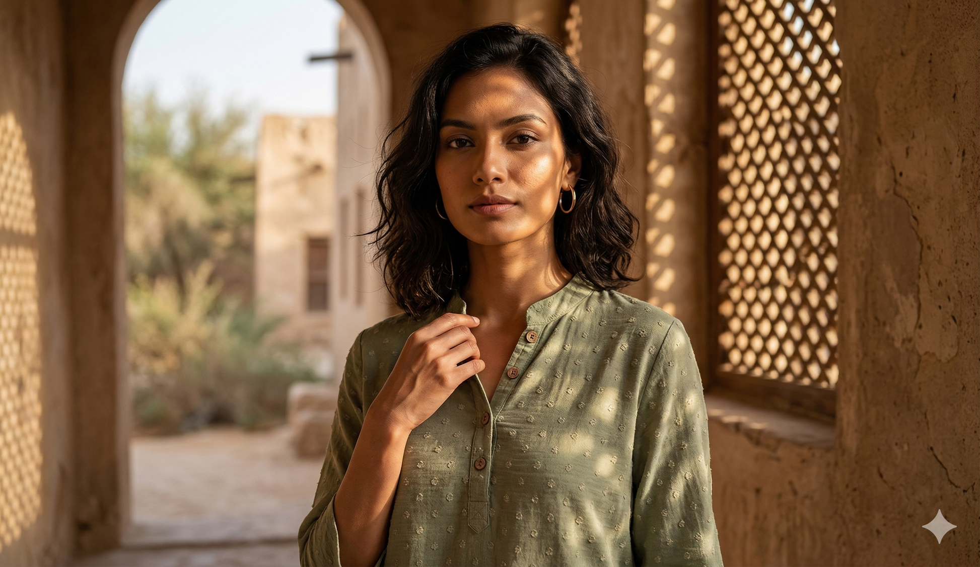 Model wearing WEARON Embroidered Henley Blouse in Sage Olive against mashrabiya screen backdrop.