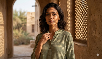 Model wearing WEARON Embroidered Henley Blouse in Sage Olive against mashrabiya screen backdrop.