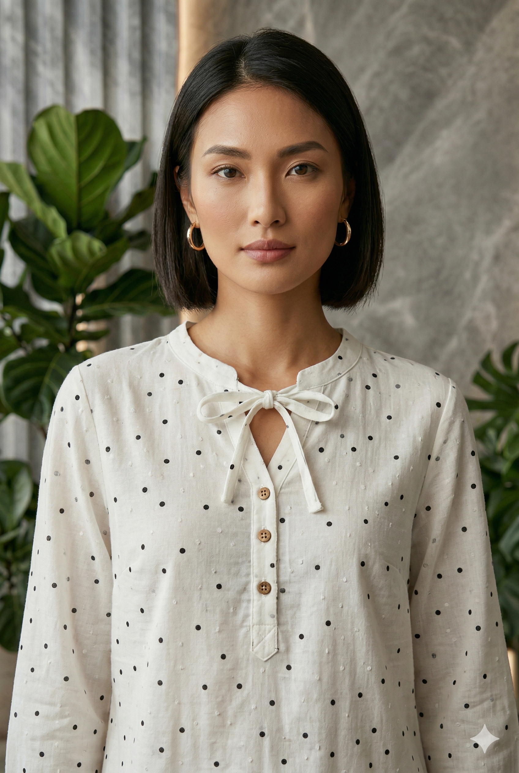 Close-up of WEARON Ribbon-Tie Dot Blouse in Ivory showing self-tie ribbon, mandarin collar, and wooden buttons.