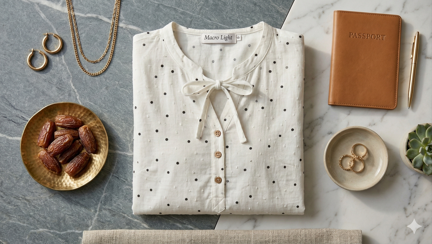 Macro detail of genuine wooden button and tonal black pindot print on Ivory cotton-linen blouse.