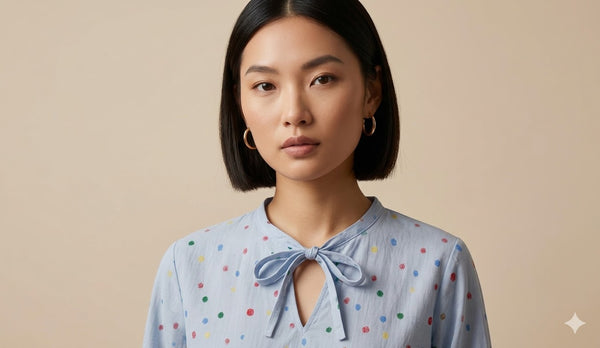 Close-up of WEARON Ribbon-Tie Dot Blouse in Light Blue showing self-tie ribbon at keyhole neckline and multicolour confetti dot print.