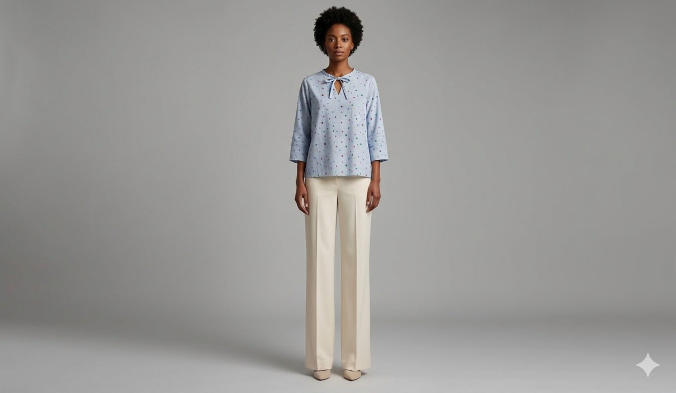Full body view of WEARON Ribbon-Tie Dot Blouse in Light Blue with cream wide-leg trousers, soft grey studio backdrop.