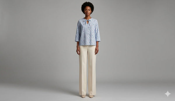 Full body view of WEARON Ribbon-Tie Dot Blouse in Light Blue with cream wide-leg trousers, soft grey studio backdrop.