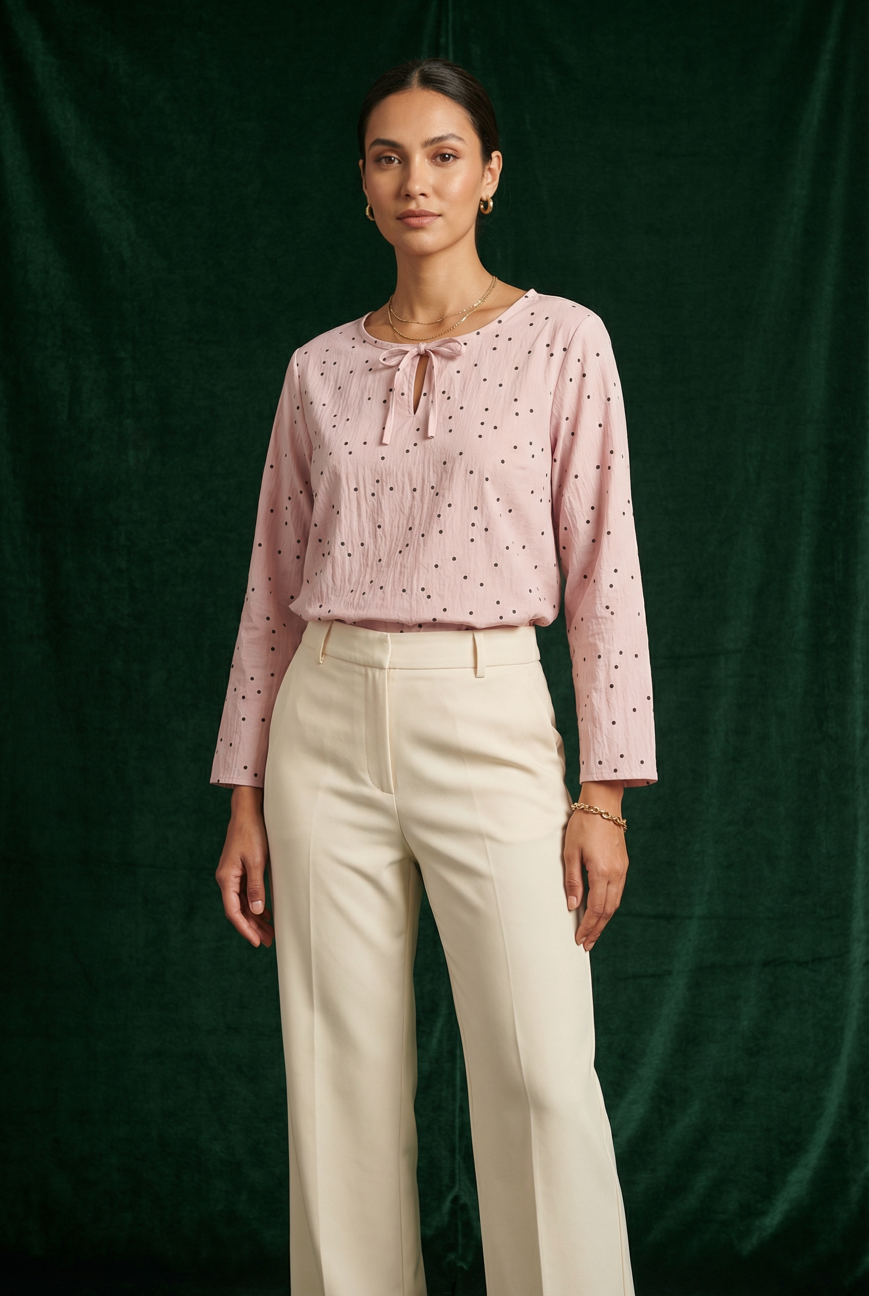 Full body view of WEARON Ribbon-Tie Dot Blouse in Rose with cream wide-leg trousers, deep green velvet backdrop.