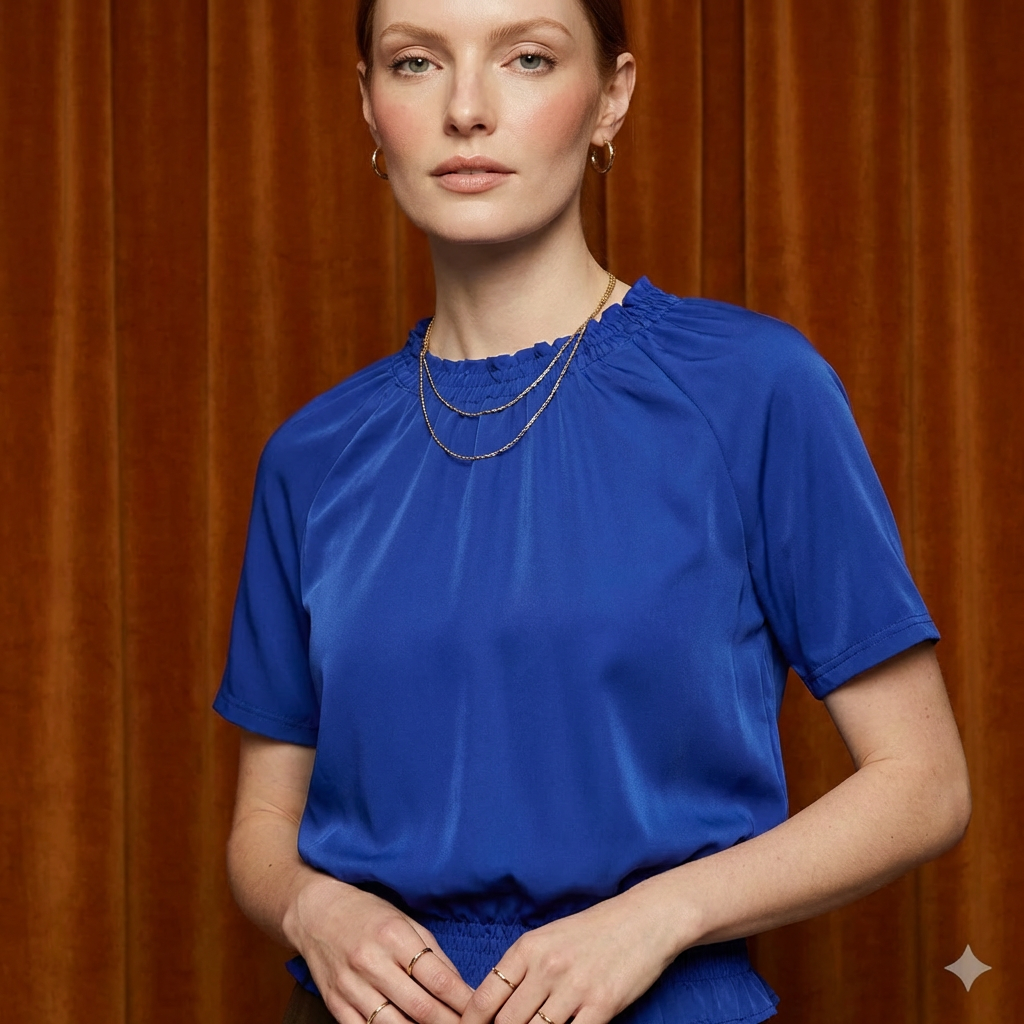 Close-up of WEARON Smocked Satin Top in Royal Blue with smocked neckline detail, deep rust velvet backdrop.