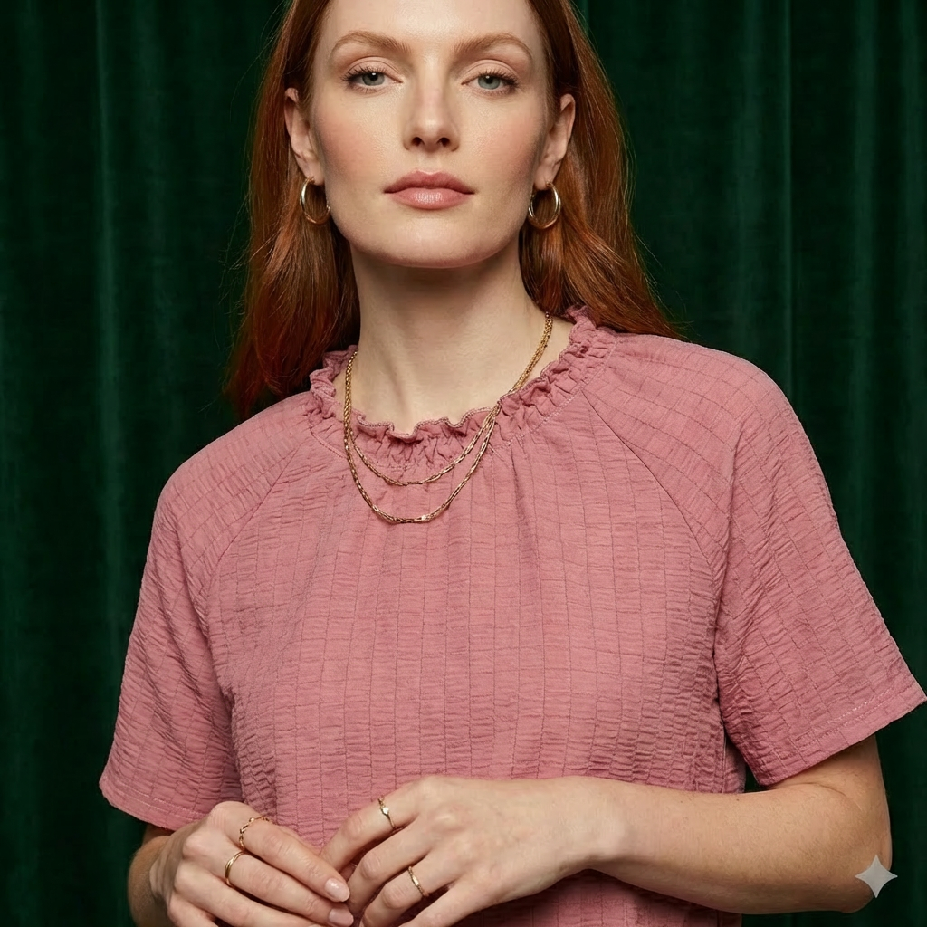 Close-up of WEARON Smocked Cotton Top in Pink showing ruffle neckline and raglan sleeve detail, deep green velvet backdrop.