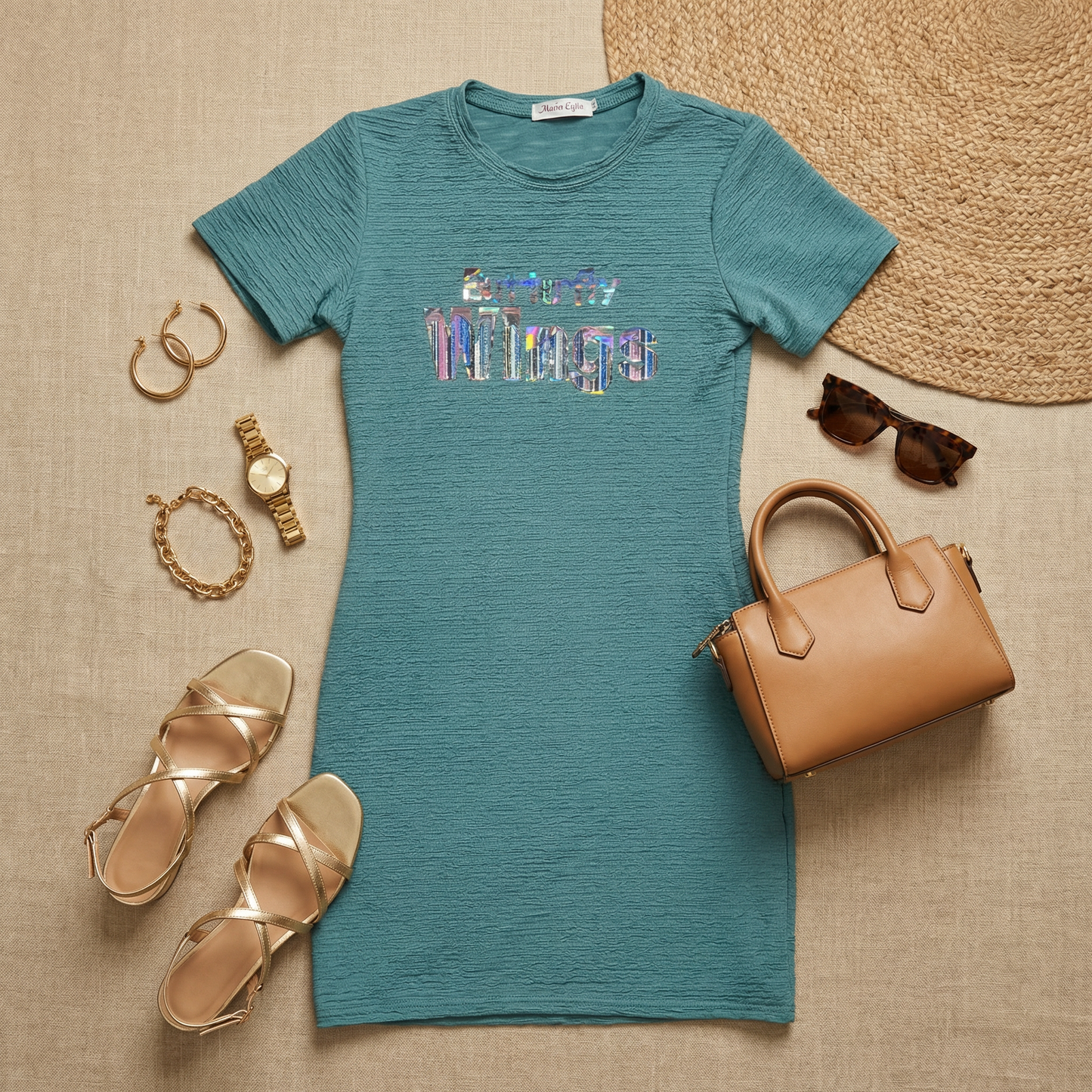 Flat lay of WEARON Iridescent Slogan Mini Dress in Teal styled with gold sandals, tan tote, sunglasses, and gold watch.