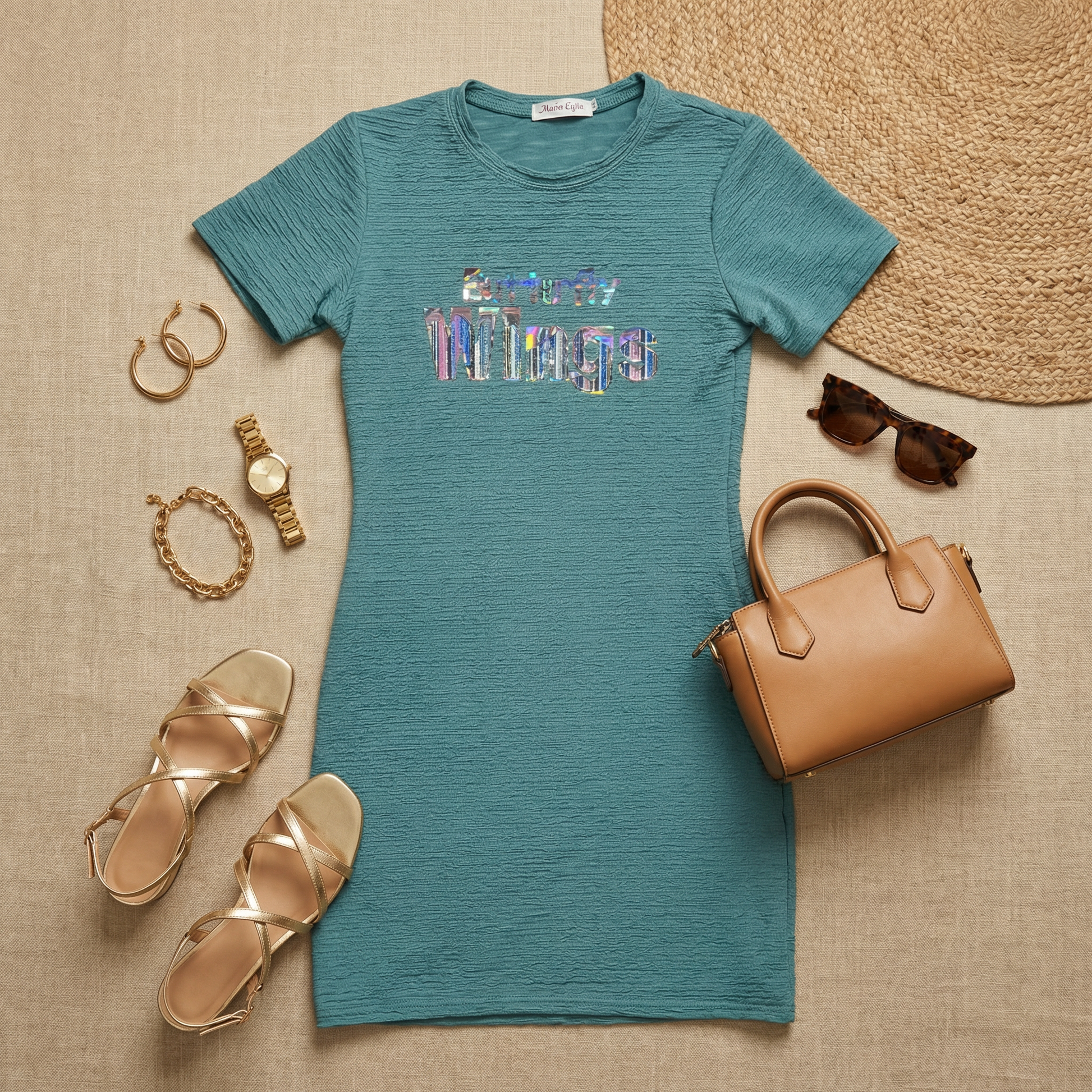 Flat lay of WEARON Iridescent Slogan Mini Dress in Teal styled with gold sandals, tan tote, sunglasses, and gold watch.