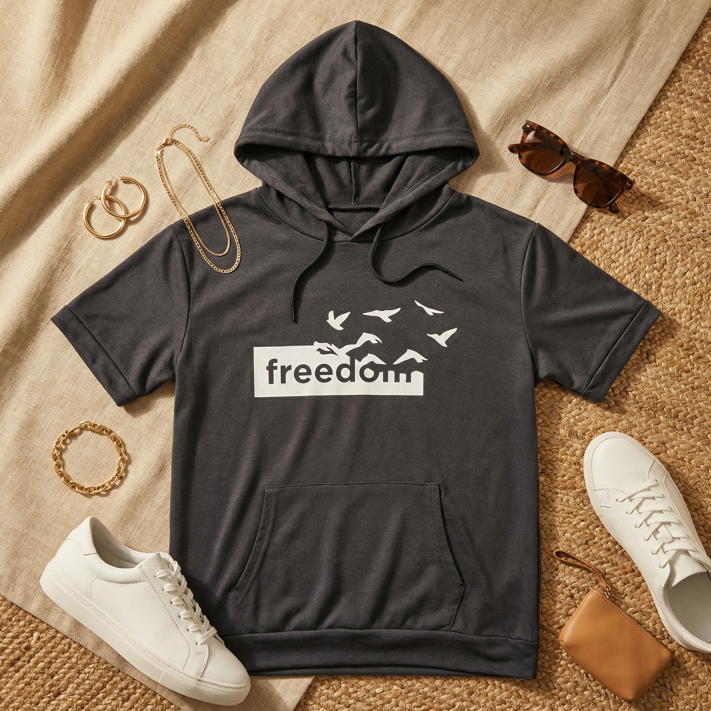 Flat lay of WEARON Short-Sleeve Hoodie Tee in Charcoal styled with white sneakers, tortoiseshell sunglasses, gold jewellery.
