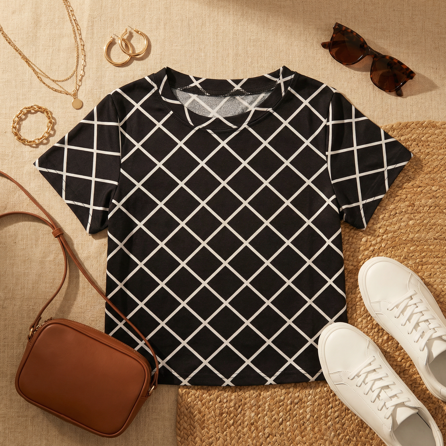 Flat lay of WEARON Diamond Lattice Tee in Black styled with brown crossbody bag, white sneakers, gold jewellery, and tortoiseshell sunglasses.