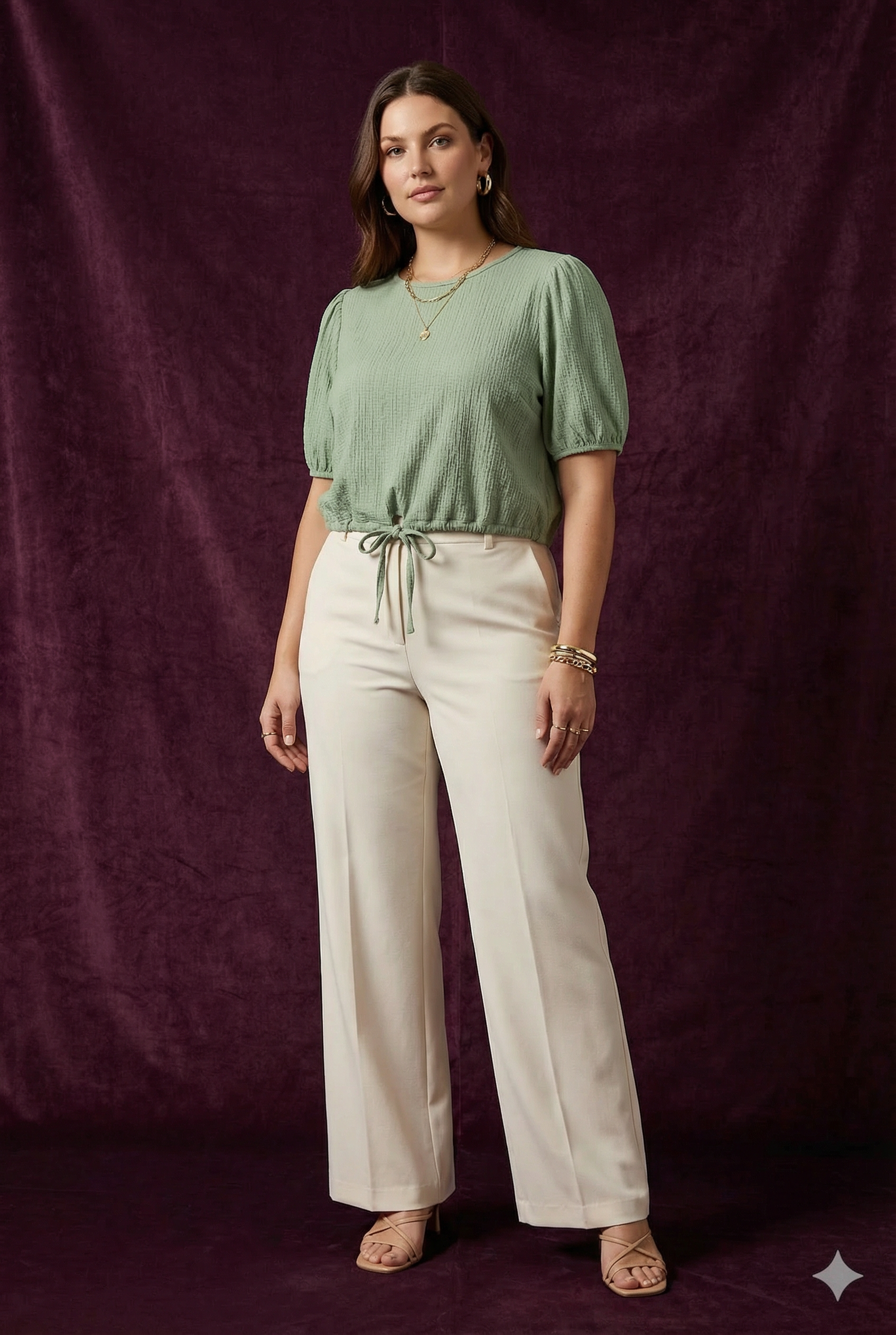 Woman wearing WEARON Drawstring-Hem Top in Sage with cream wide-leg trousers, deep aubergine velvet backdrop.
