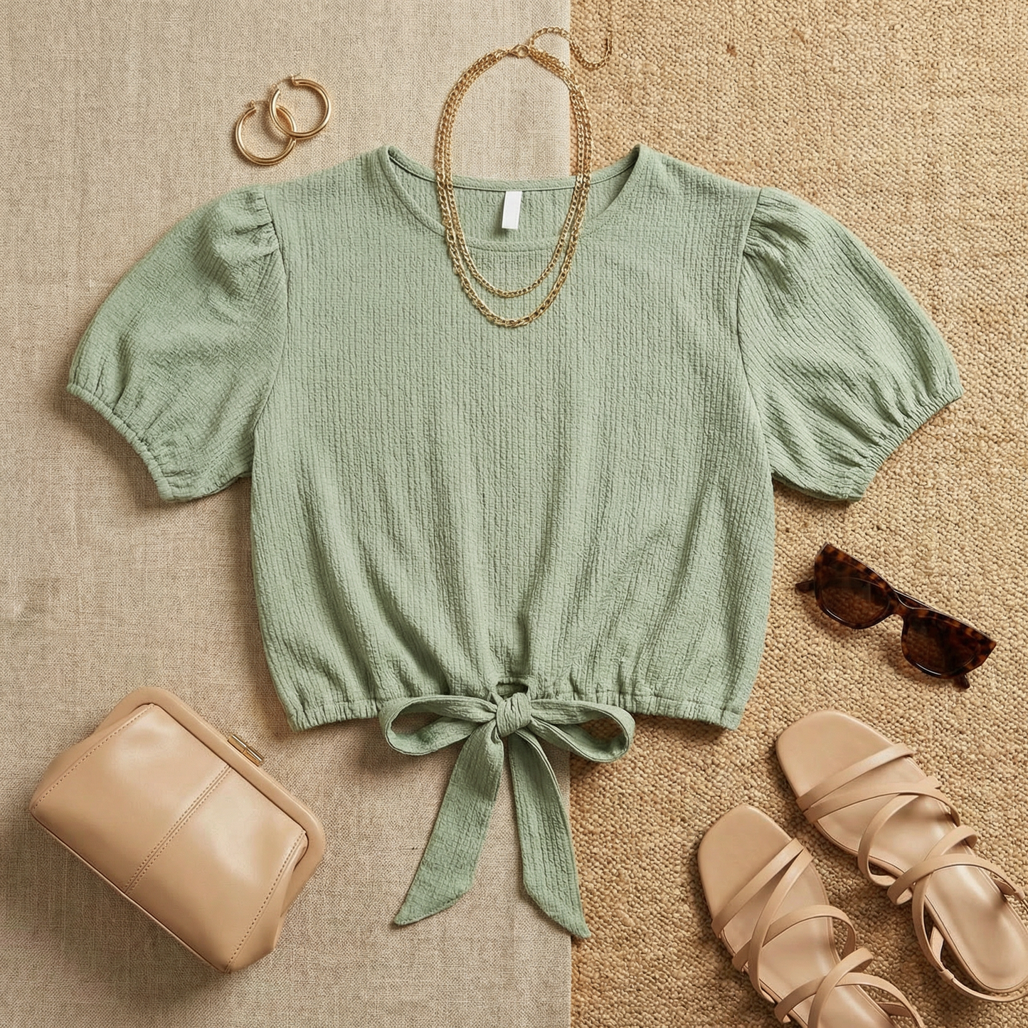 Flat lay of WEARON Drawstring-Hem Top in Sage styled with tan handbag, sandals, and tortoiseshell sunglasses.